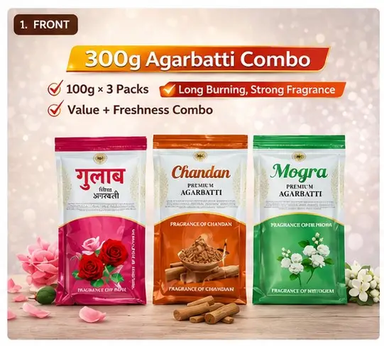 agarbatti combo pack, 300g agarbatti, gulab agarbatti, chandan agarbatti, mogra agarbatti, long burning incense sticks, pooja agarbatti, premium agarbatti, strong fragrance agarbatti, rose incense sticks, sandalwood agarbatti, jasmine agarbatti, value combo pack, home fragrance, meditation agarbatti, daily pooja items
