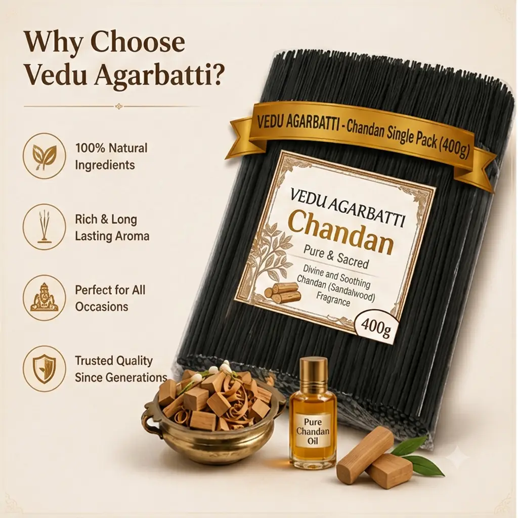 Vedu Agarbatti Chandan Incense Sticks – 400g Pack | Pure & Sacred Sandalwood Fragrance for Pooja, Meditation & Home