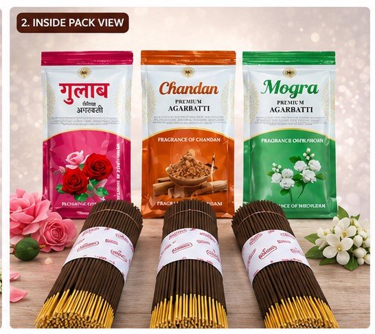 300g Agarbatti Combo Pack – Gulab, Chandan & Mogra Incense Sticks (100g x 3 Packs) | Long Burning & Strong Fragrance Pooja Agarbatti for Home, Meditation & Gifting