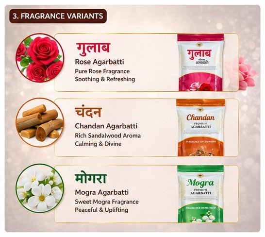 300g Agarbatti Combo Pack – Gulab, Chandan & Mogra Incense Sticks (100g x 3 Packs) | Long Burning & Strong Fragrance Pooja Agarbatti for Home, Meditation & Gifting