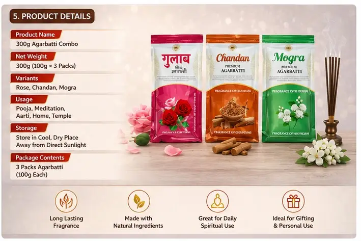 300g Agarbatti Combo Pack – Gulab, Chandan & Mogra Incense Sticks (100g x 3 Packs) | Long Burning & Strong Fragrance Pooja Agarbatti for Home, Meditation & Gifting