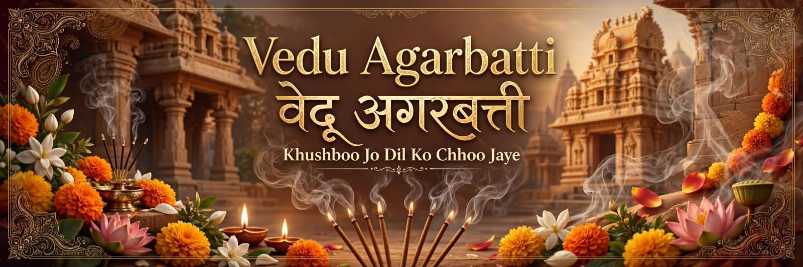 Vedu Agarbatti banner featuring burning incense sticks in front of a traditional Indian temple with marigold and lotus flowers