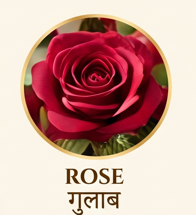 Vedu Agarbatti rose fragrance variant featuring a close-up of a red rose flower in a golden circle