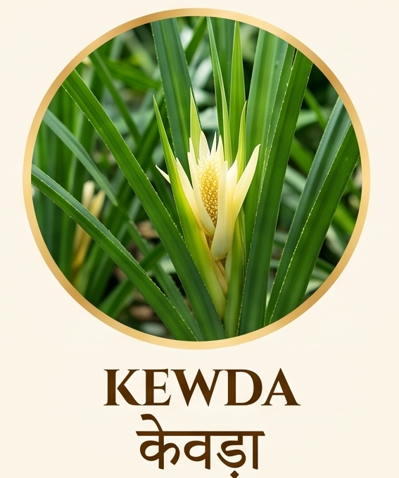 "Vedu Agarbatti kewda fragrance variant featuring a close-up of a blooming white kewra flower with green leaves in a golden circle"