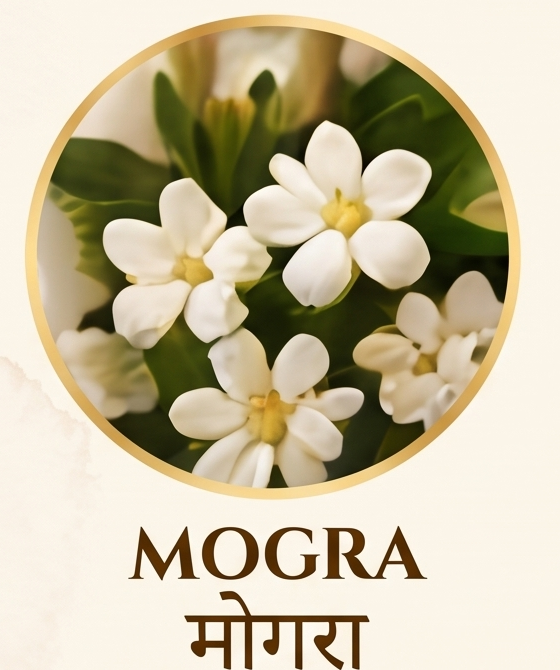 Vedu Agarbatti mogra fragrance variant featuring white jasmine flowers or mogra blossoms inside a golden circle
