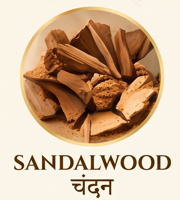 Vedu Agarbatti sandalwood fragrance variant featuring pieces of raw sandalwood and powder inside a golden circle