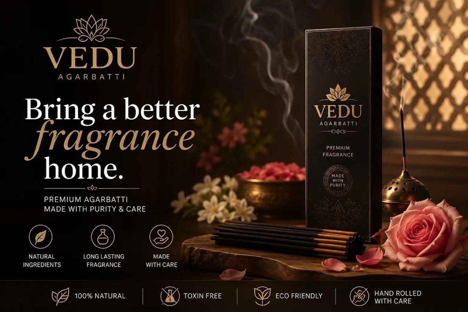 Vedu Agarbatti premium incense sticks box with a rose flower